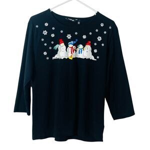 Krazy Cat Christmas Holiday Snowman‎ Sequin Snowflake Black Shirt Cotton XL
